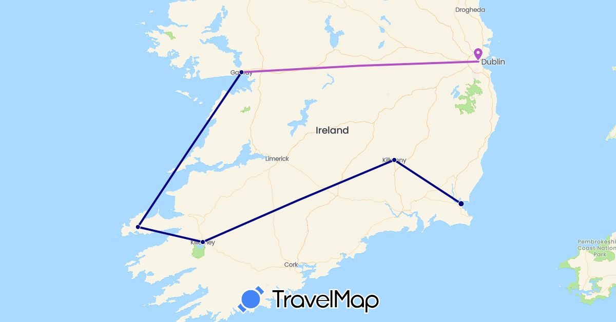 TravelMap itinerary: driving, train in Ireland (Europe)